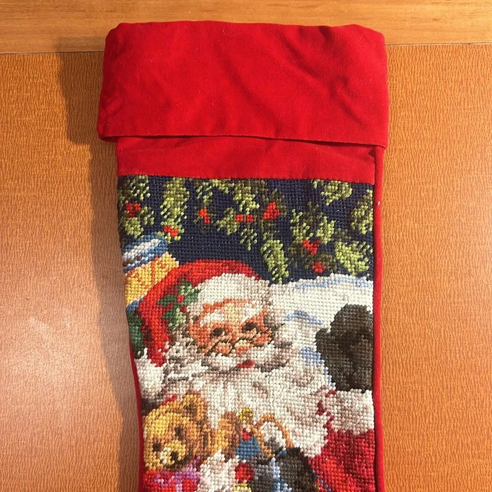Santa Wool Embroidered Stocking with Red‎ Velvety Fabric